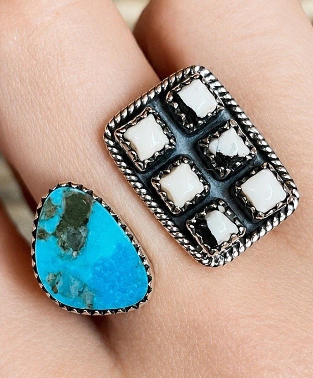 White Buffalo & Turquoise Sterling Silver Ring Cluster Southwestern Adjustable